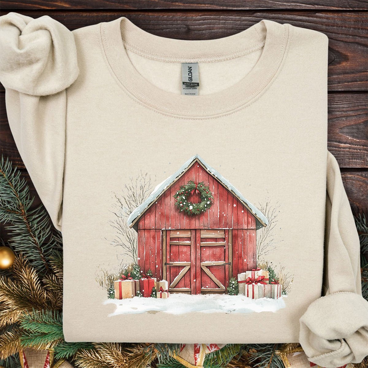 Snowy Christmas Red Barn with Gifts Sweatshirt