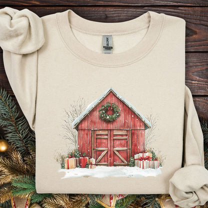 Snowy Christmas Red Barn with Gifts Sweatshirt