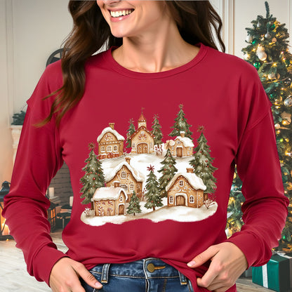 Snowy Gingerbread Village Long Sleeve Tee