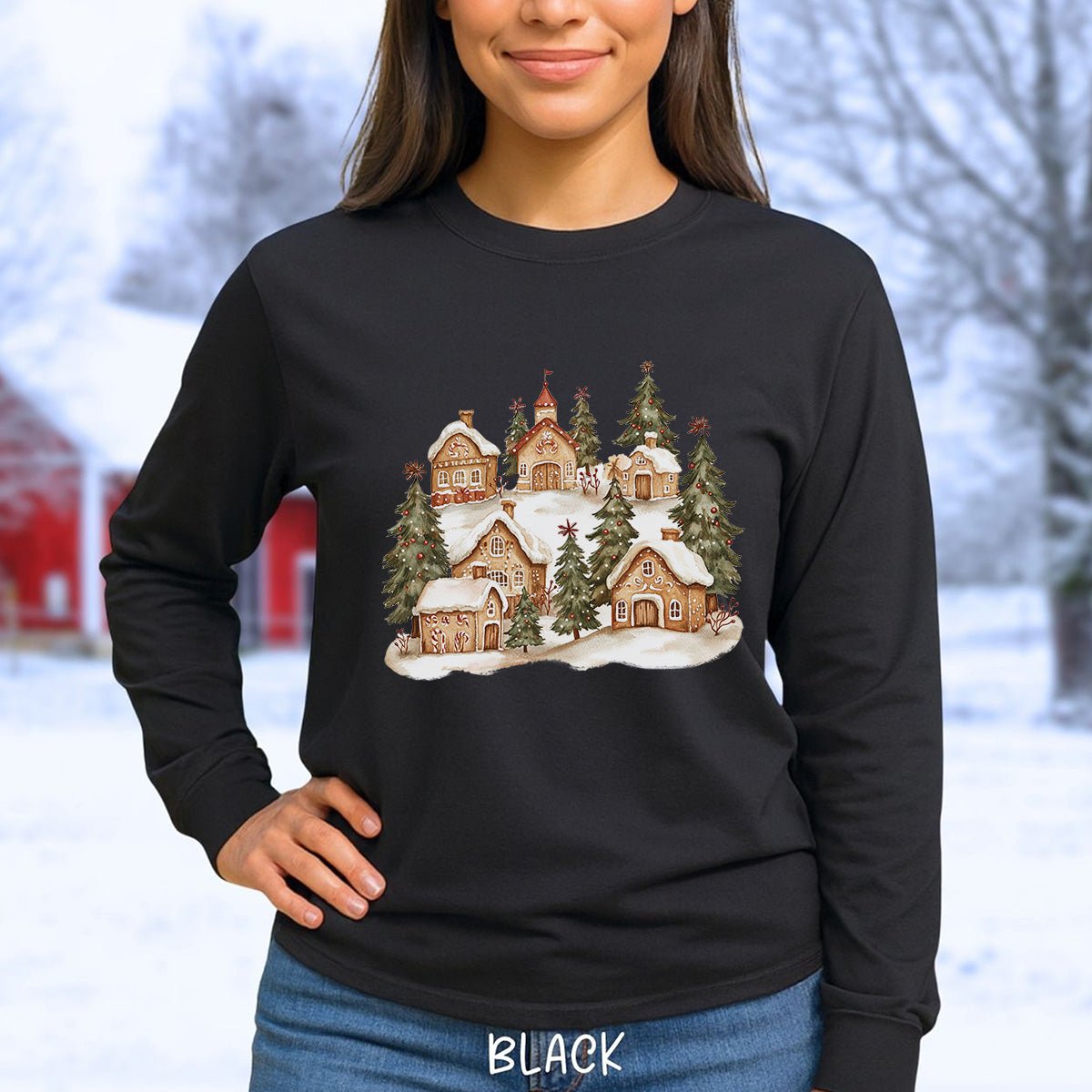 Snowy Gingerbread Village Long Sleeve Tee