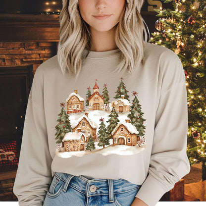 Snowy Gingerbread Village Long Sleeve Tee