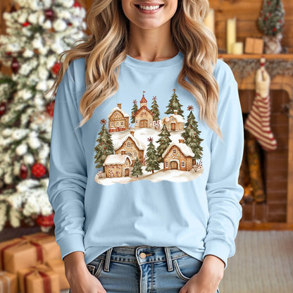 Snowy Gingerbread Village Long Sleeve Tee