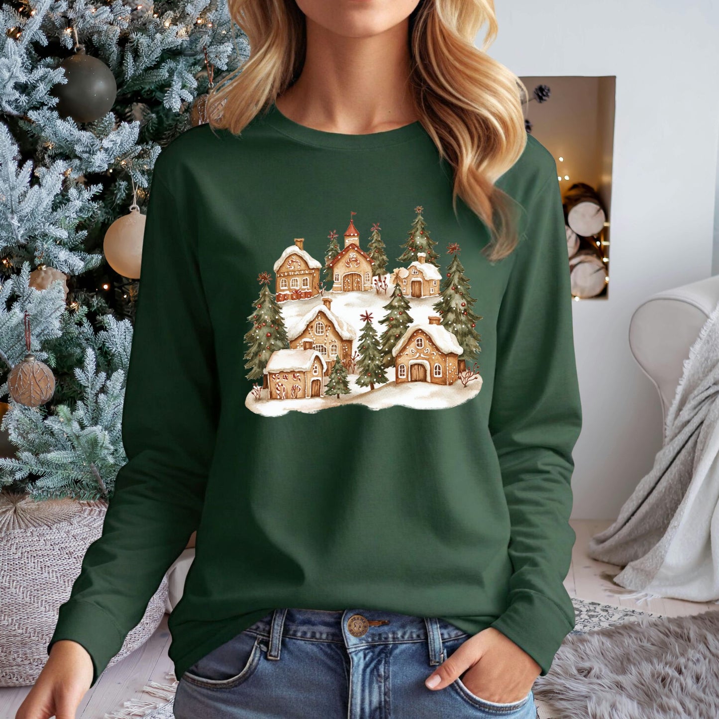 Snowy Gingerbread Village Long Sleeve Tee
