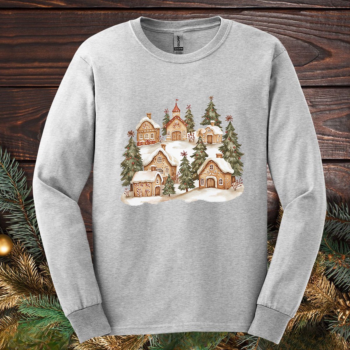 Snowy Gingerbread Village Long Sleeve Tee