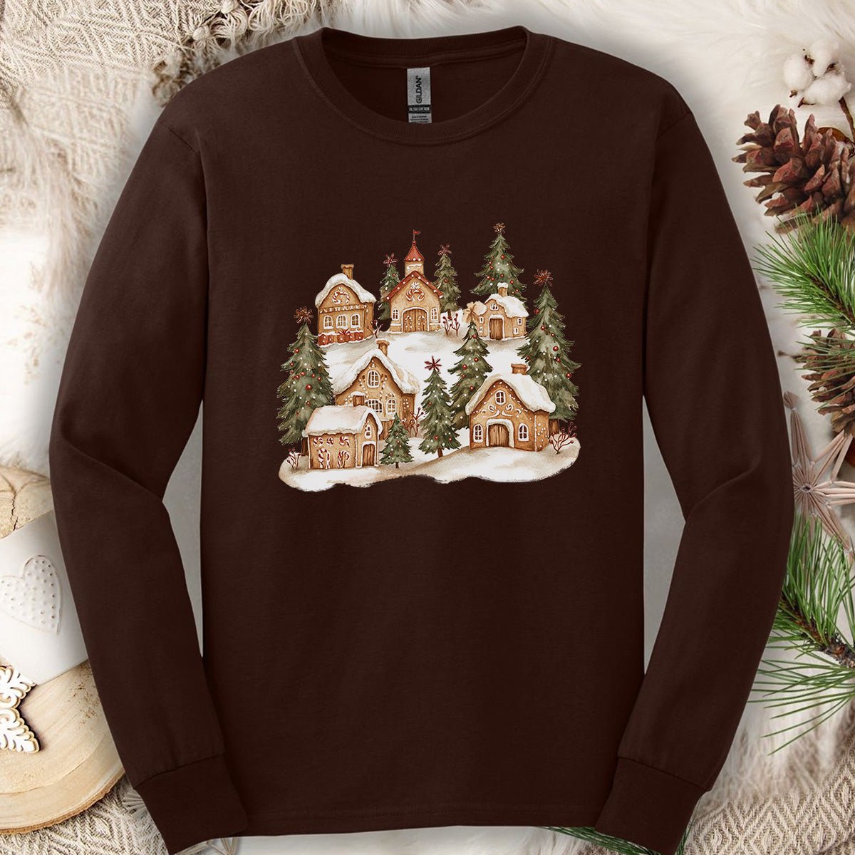 Snowy Gingerbread Village Long Sleeve Tee