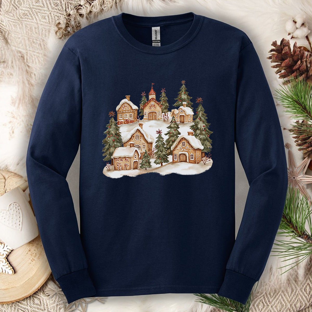 Snowy Gingerbread Village Long Sleeve Tee