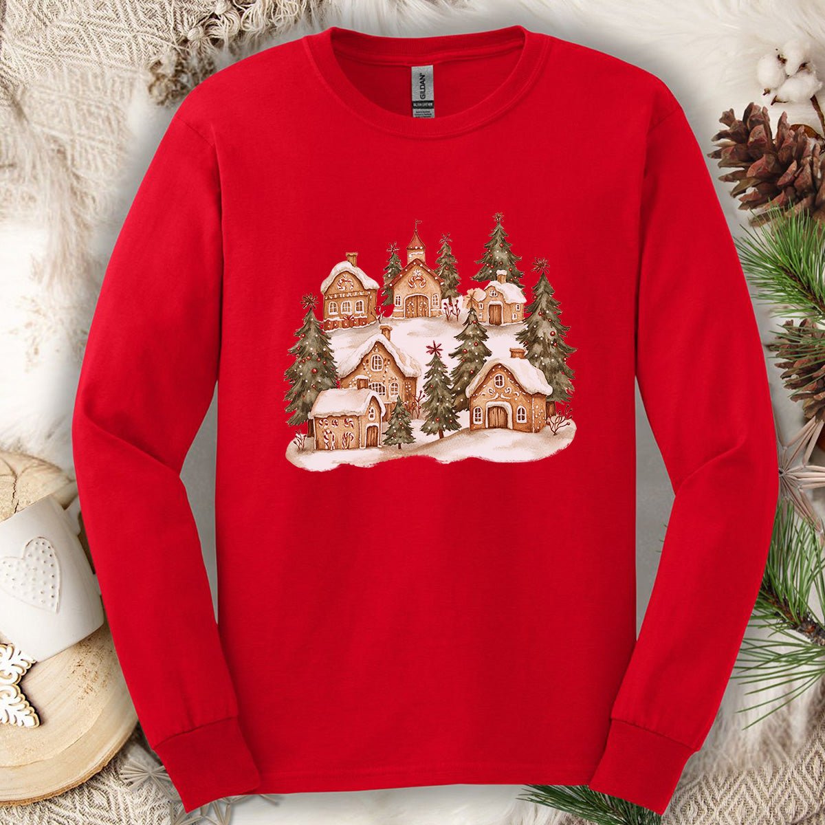 Snowy Gingerbread Village Long Sleeve Tee