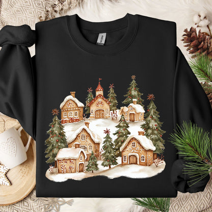 Black Gildan 18000 sweatshirt with a watercolor snowy gingerbread village and evergreen trees.