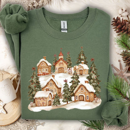 Military Green Gildan sweatshirt with a watercolor snowy gingerbread village and evergreens.