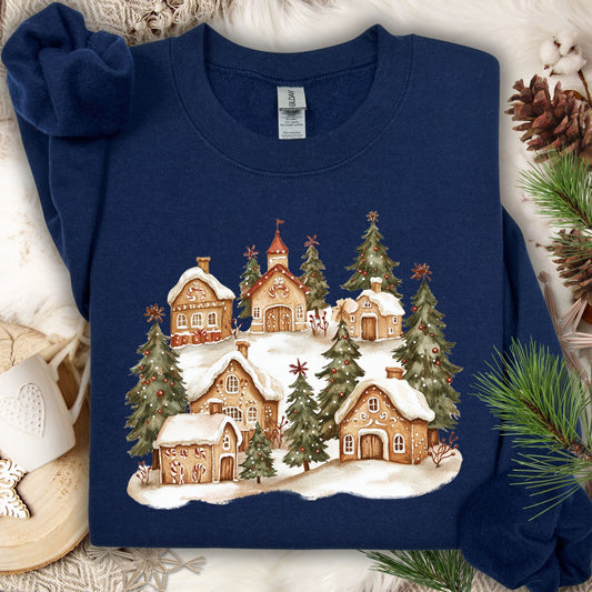 Navy Gildan sweatshirt with a watercolor snowy gingerbread village and evergreen trees.