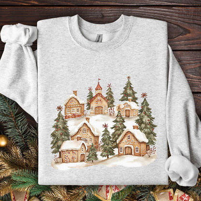Snowy Holiday Gingerbread Village Sweatshirt