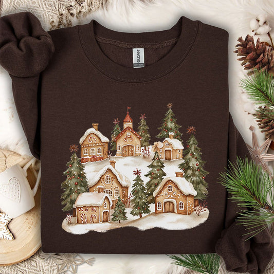 Snowy Holiday Gingerbread Village Sweatshirt