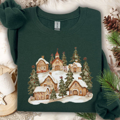Snowy Holiday Gingerbread Village Sweatshirt