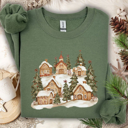 Snowy Holiday Gingerbread Village Sweatshirt