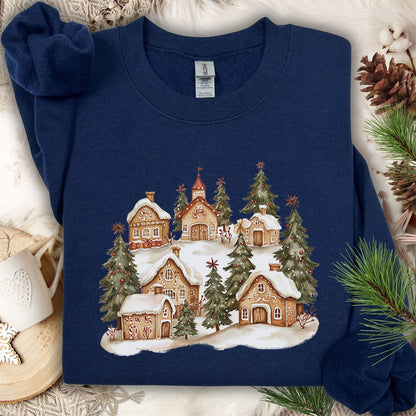 Snowy Holiday Gingerbread Village Sweatshirt