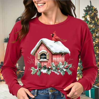 Snowy Red Cardinal Long Sleeve Tee
