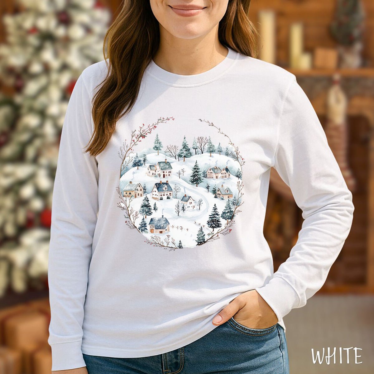 Snowy Winter Village Long Sleeve Tee