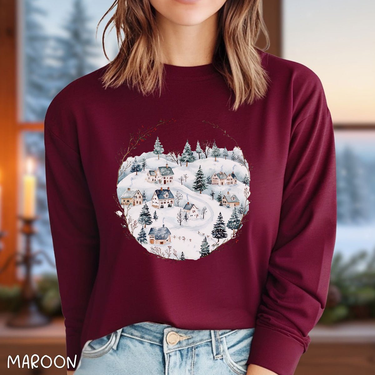 Snowy Winter Village Long Sleeve Tee