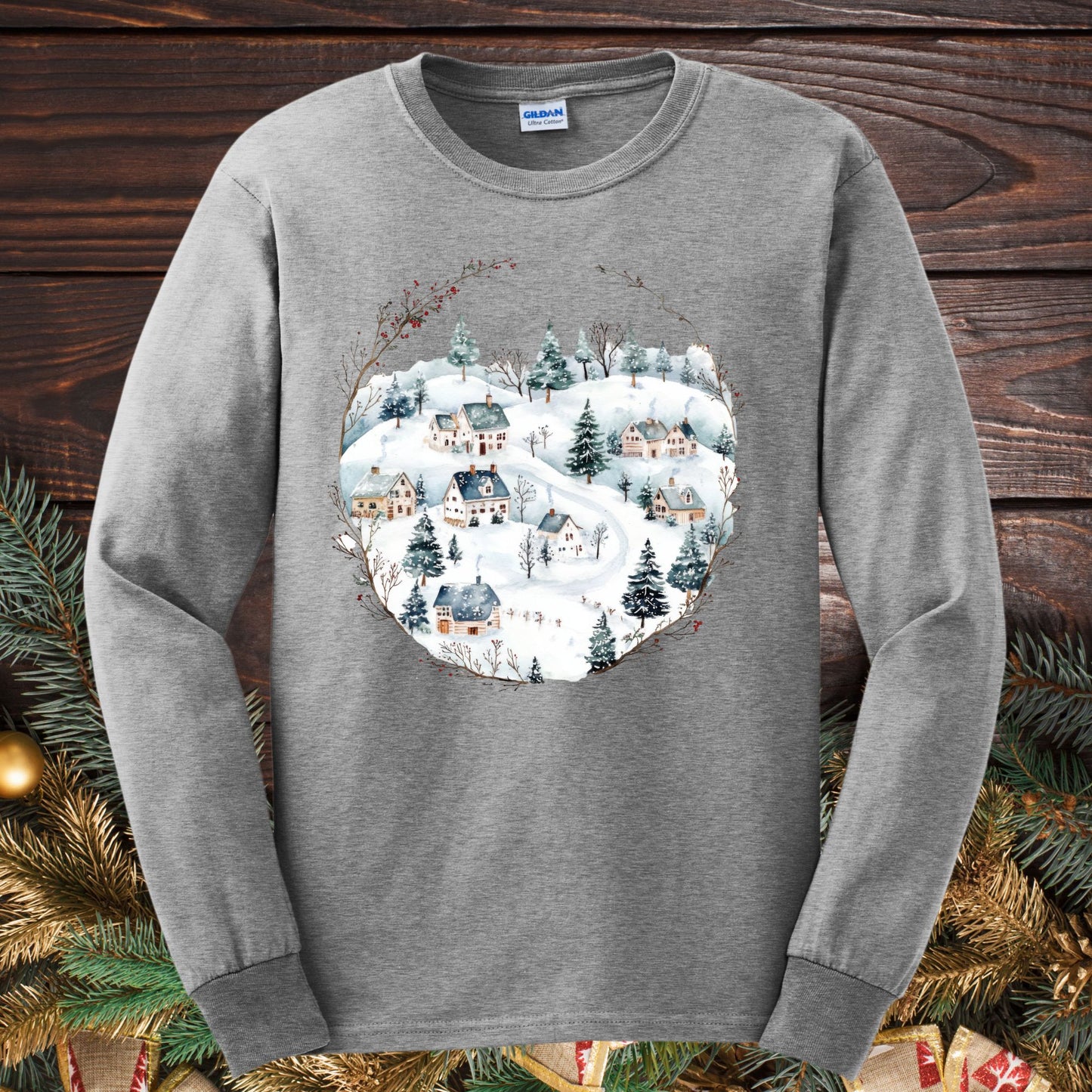 Snowy Winter Village Long Sleeve Tee