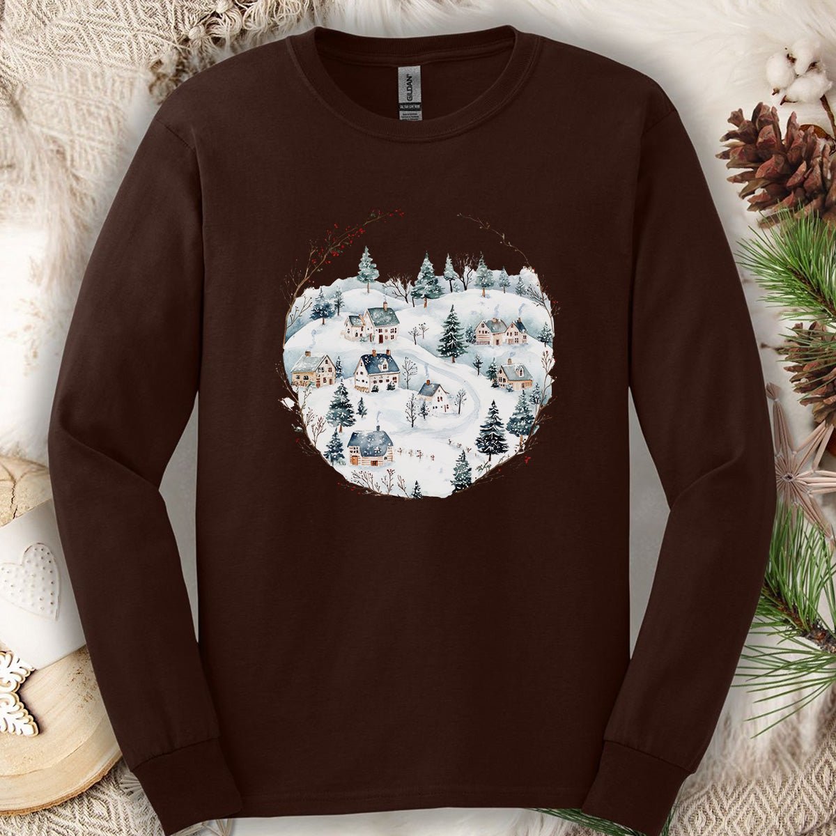 Snowy Winter Village Long Sleeve Tee