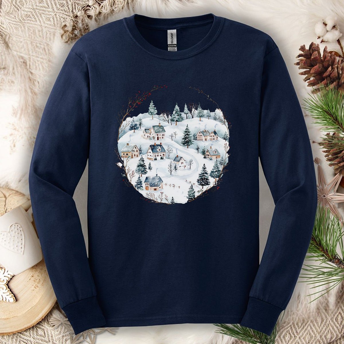 Snowy Winter Village Long Sleeve Tee