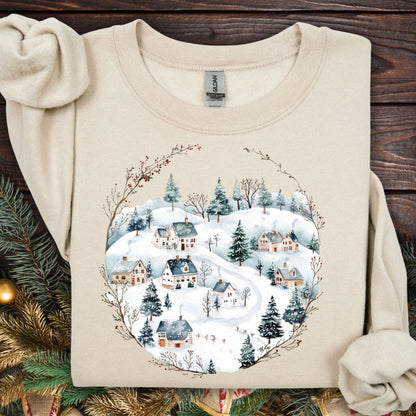Sand Gildan fleece sweatshirt with a watercolor folk-art Nordic winter village design.