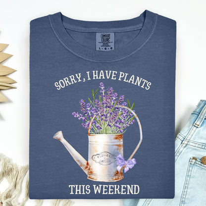 Denim "Sorry, I Have Plants This Weekend" t-shirt with a vintage watering can and watercolor lavender.