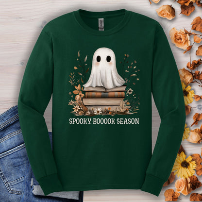 Forest Green Gildan long sleeve tee with a boho ghost on books, wildflowers, and "Spooky Boooor Season" text.