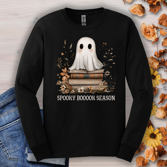 Black Gildan long sleeve tee with a cute ghost on books, fall wildflowers, and "SPOOKY BOOOOOK SEASON".