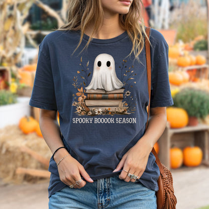 Navy blue "Spooky Boooor Season" tee with a cute ghost on vintage books and fall foliage.