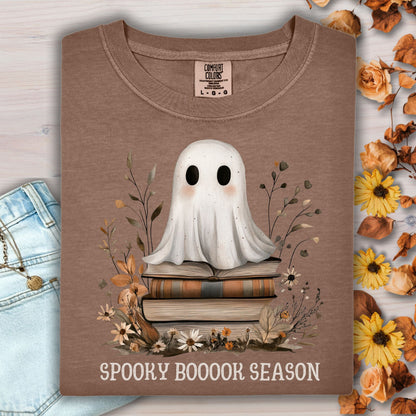 Espresso tee with a cute ghost on vintage books, surrounded by autumn florals.