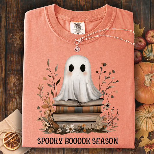 Terracotta Comfort Colors tee with a whimsical ghost on vintage books and "Spooky Boooor Season" text.