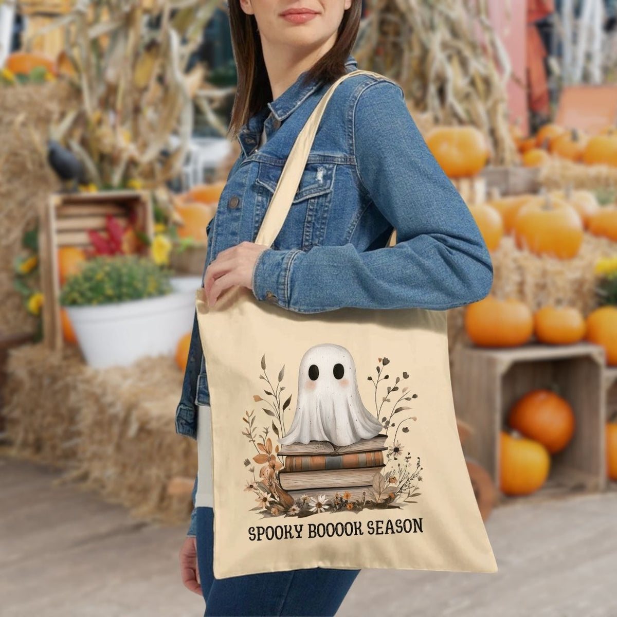 Spooky Booook Season Ghost on on Books Tote Bag