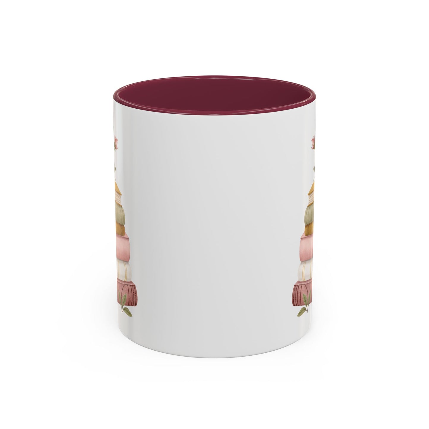 White ceramic mug with a maroon interior and handle, featuring a watercolor stack of books and floral accents.