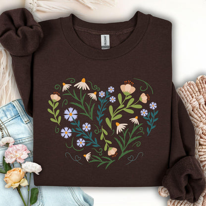 Dark Chocolate sweatshirt with a heart-shaped botanical illustration of wildflowers and leaves.