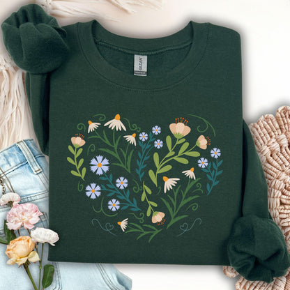 Forest Green sweatshirt with a heart-shaped floral design of daisies, tulips, and leaves.