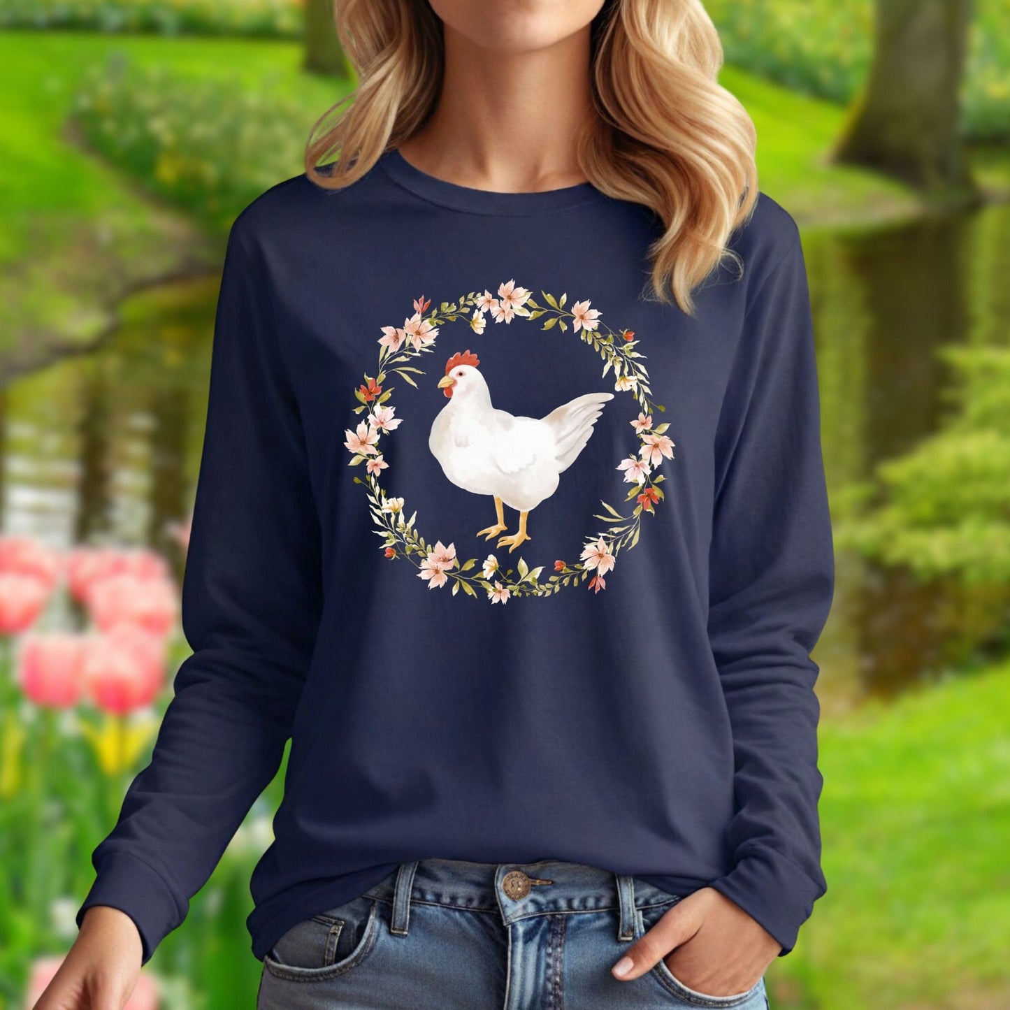 Spring Chicken Floral Wreath Long Sleeve Tee