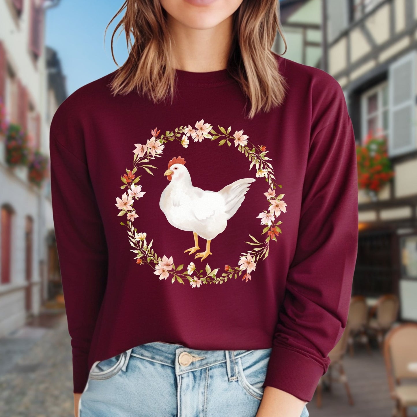 Spring Chicken Floral Wreath Long Sleeve Tee