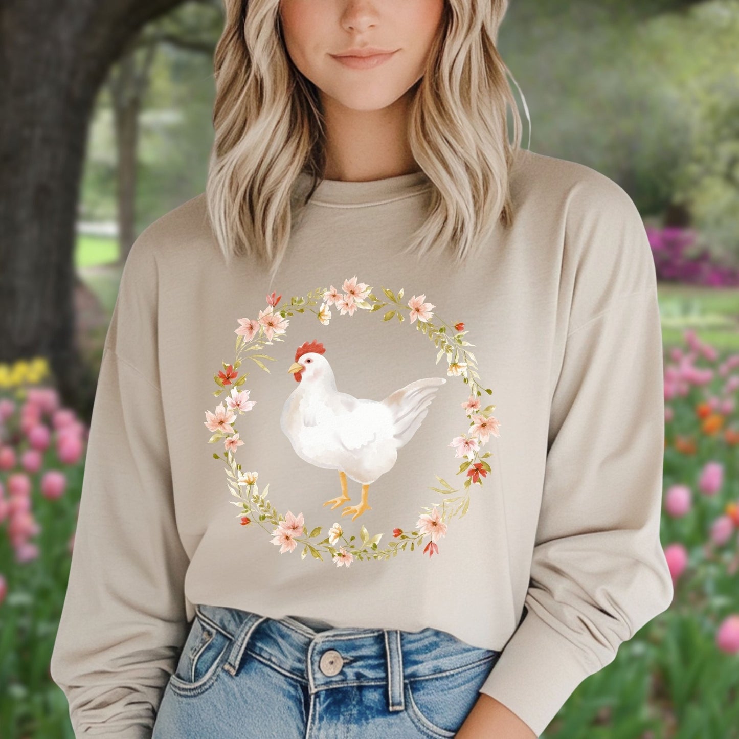 Spring Chicken Floral Wreath Long Sleeve Tee