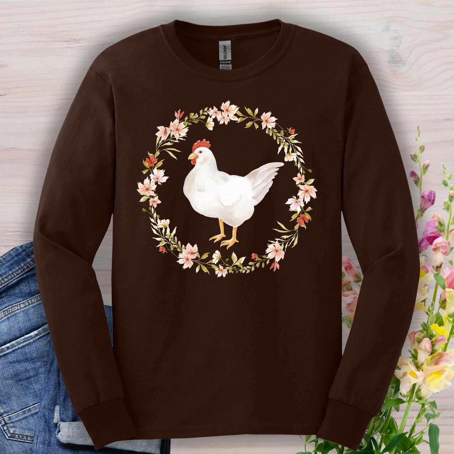 Spring Chicken Floral Wreath Long Sleeve Tee