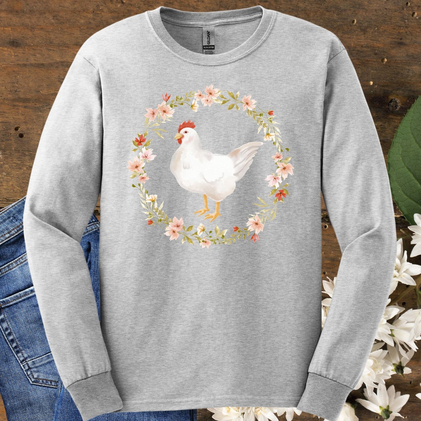 Spring Chicken Floral Wreath Long Sleeve Tee