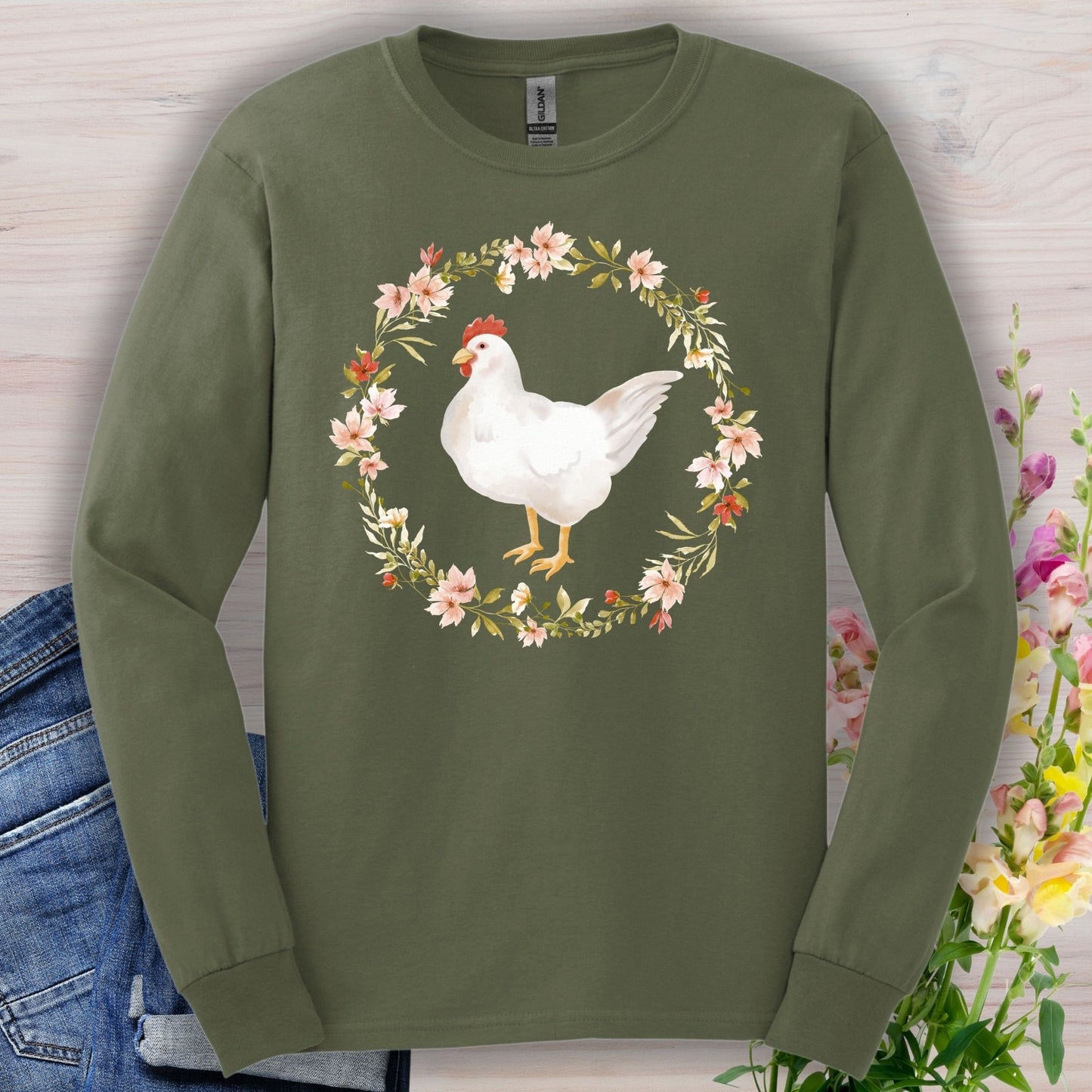 Spring Chicken Floral Wreath Long Sleeve Tee