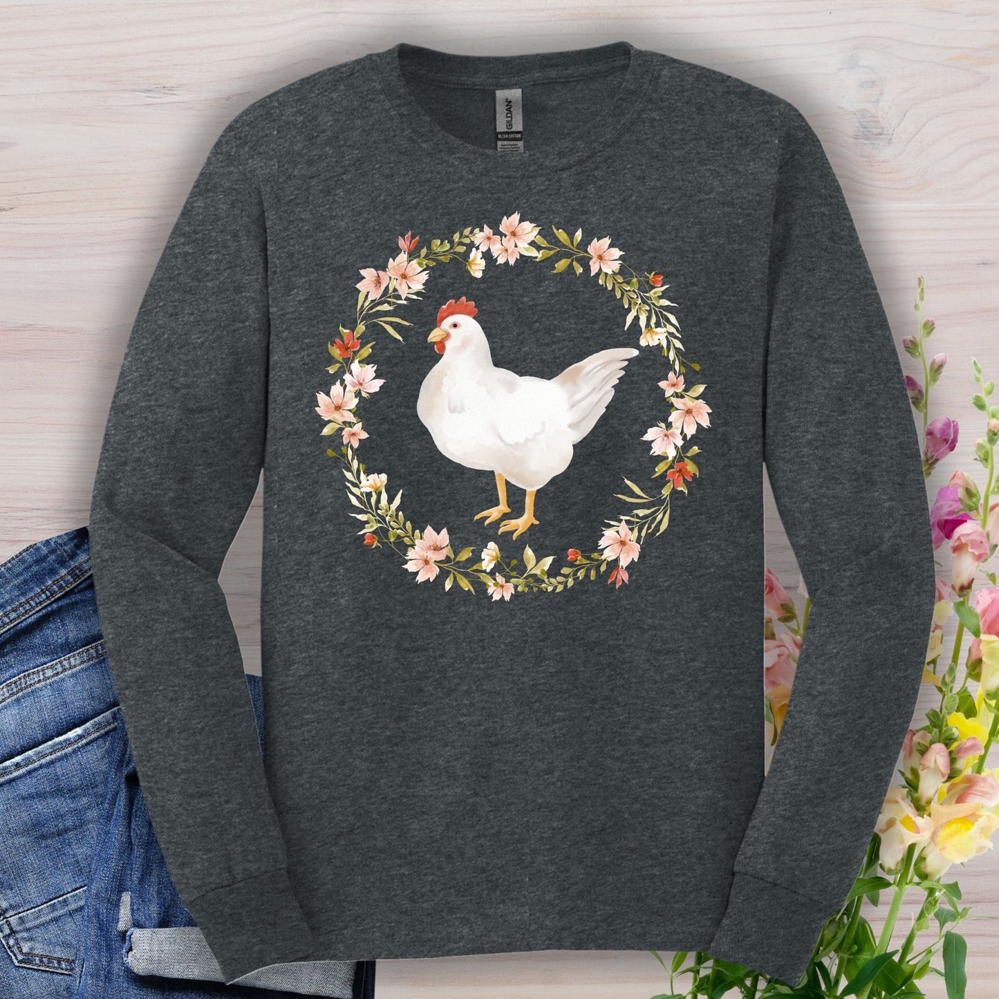 Spring Chicken Floral Wreath Long Sleeve Tee