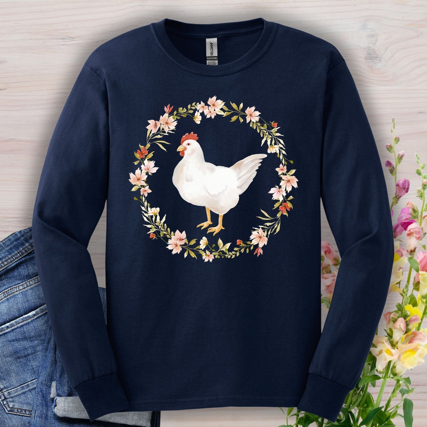 Spring Chicken Floral Wreath Long Sleeve Tee