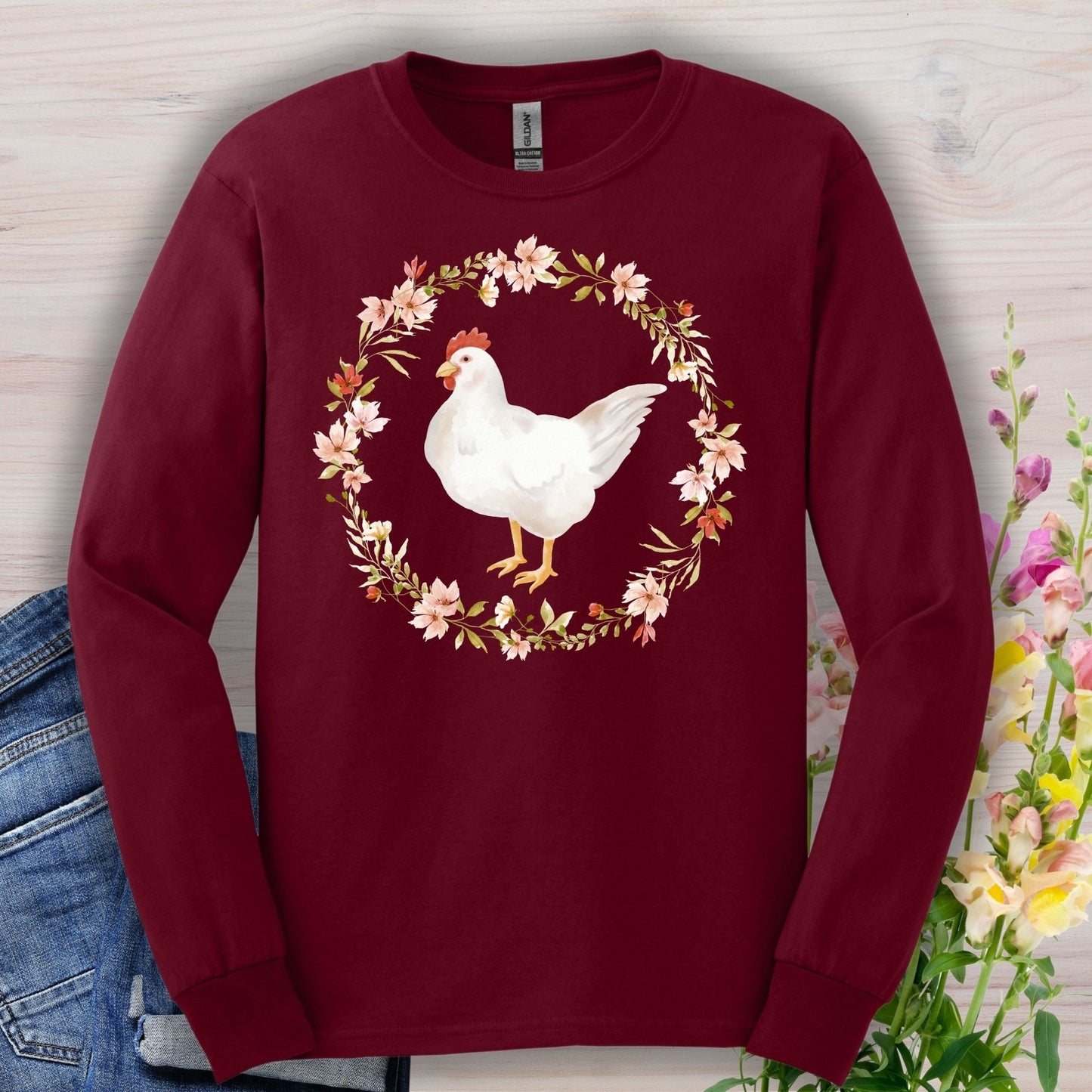 Spring Chicken Floral Wreath Long Sleeve Tee