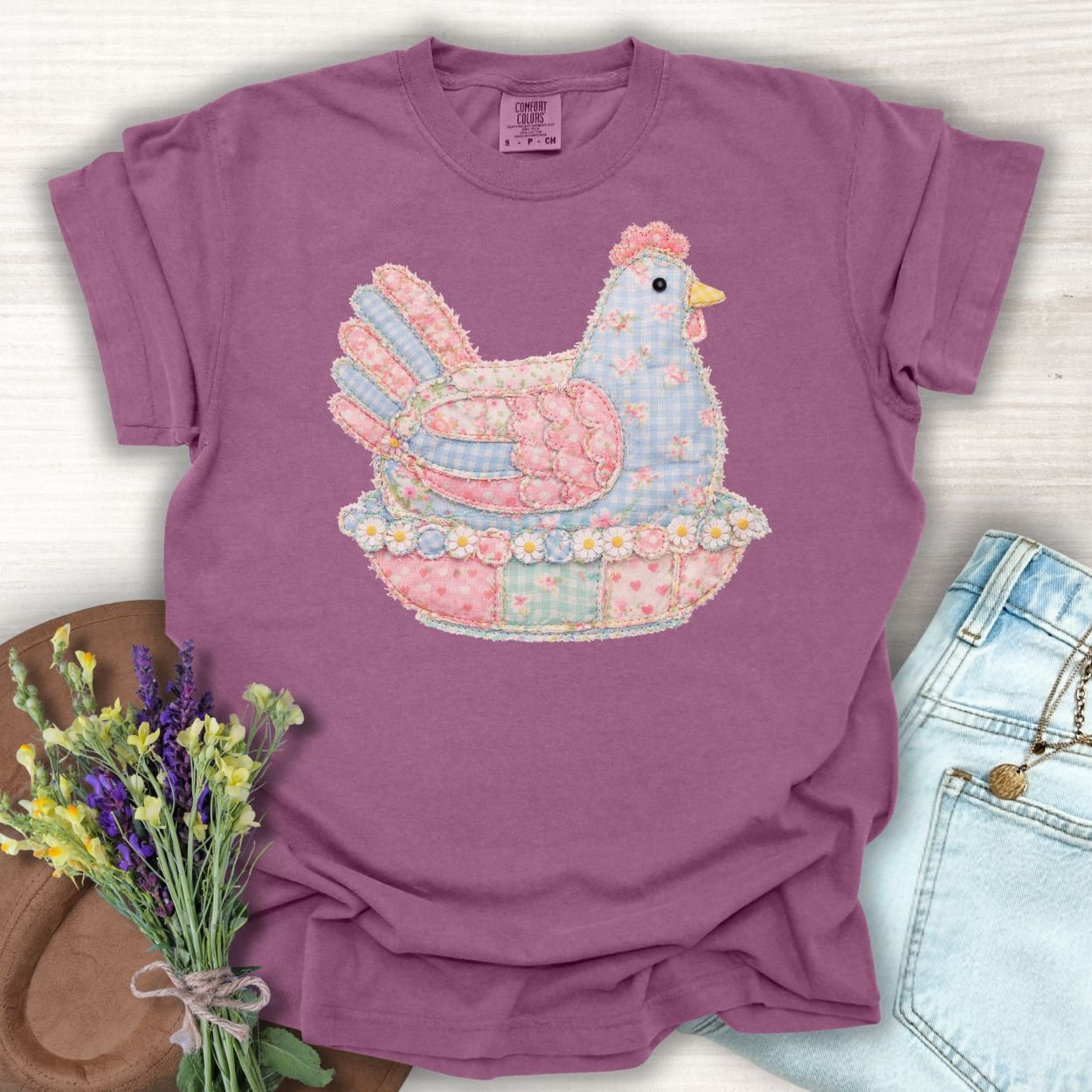 Spring Faux Pastel Patchwork Hen T-Shirt