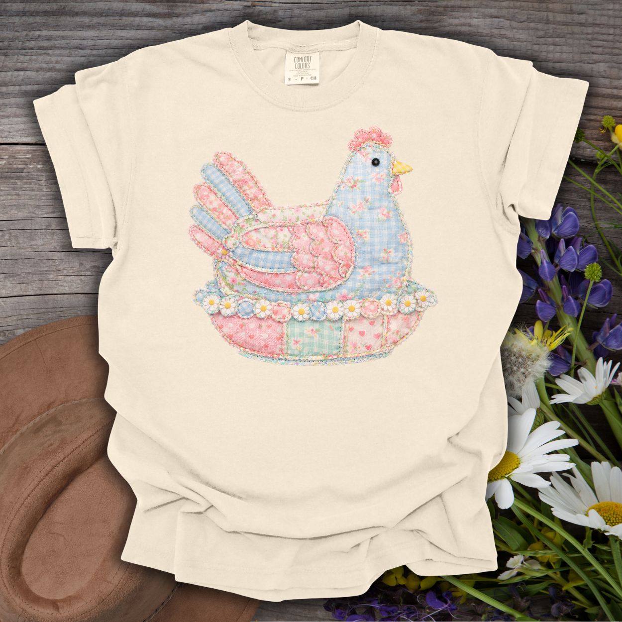 Spring Faux Pastel Patchwork Hen T-Shirt