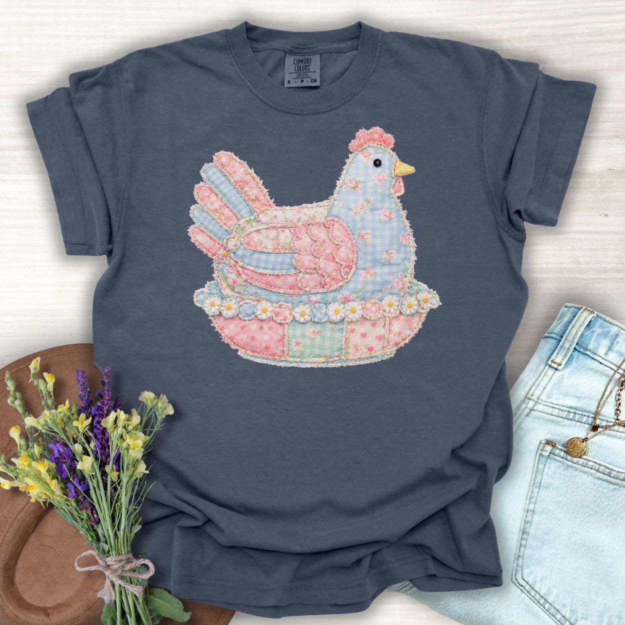 Spring Faux Pastel Patchwork Hen T-Shirt