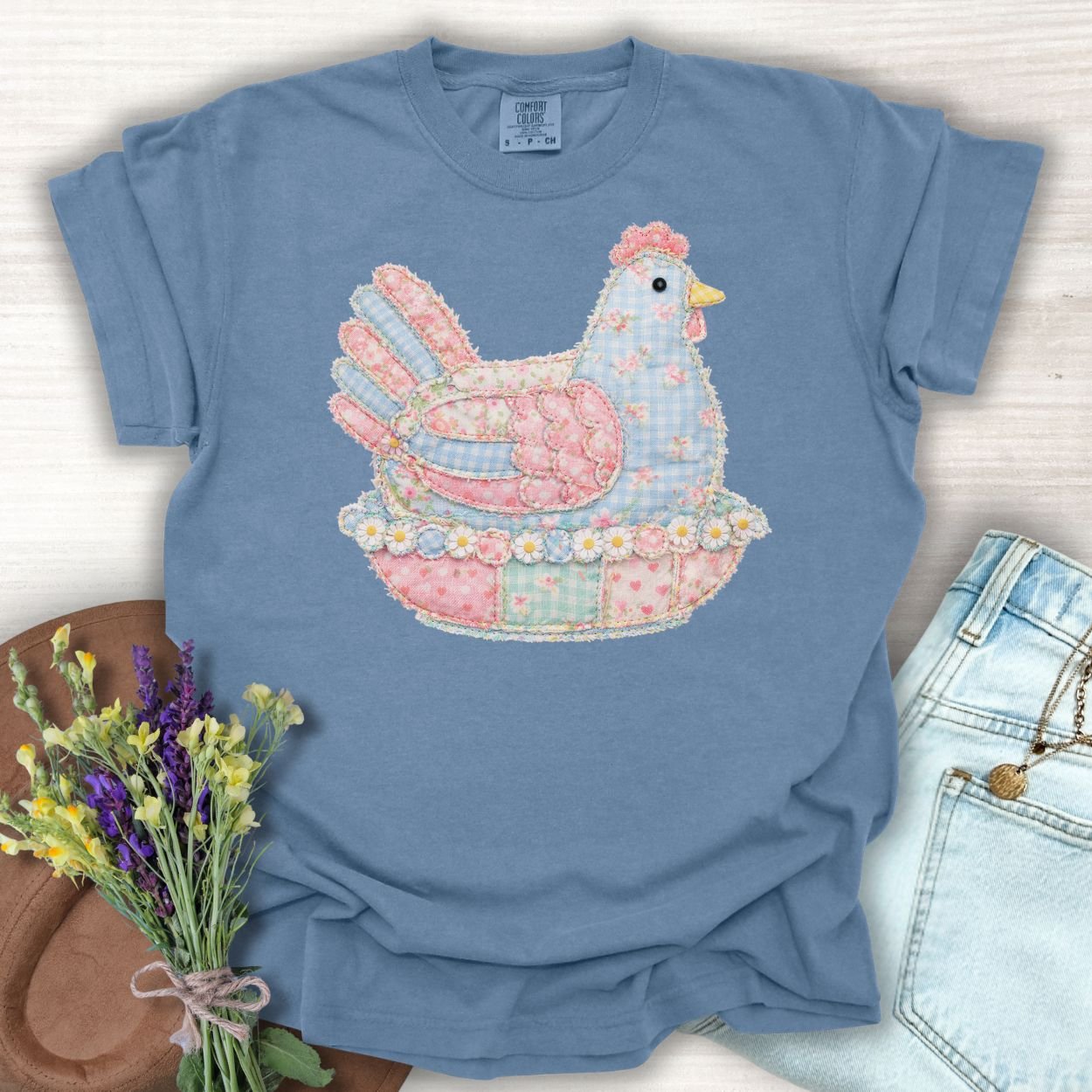 Spring Faux Pastel Patchwork Hen T-Shirt