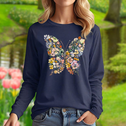Navy long sleeve tee with a watercolor floral butterfly design, featuring daisies, roses, and foliage.